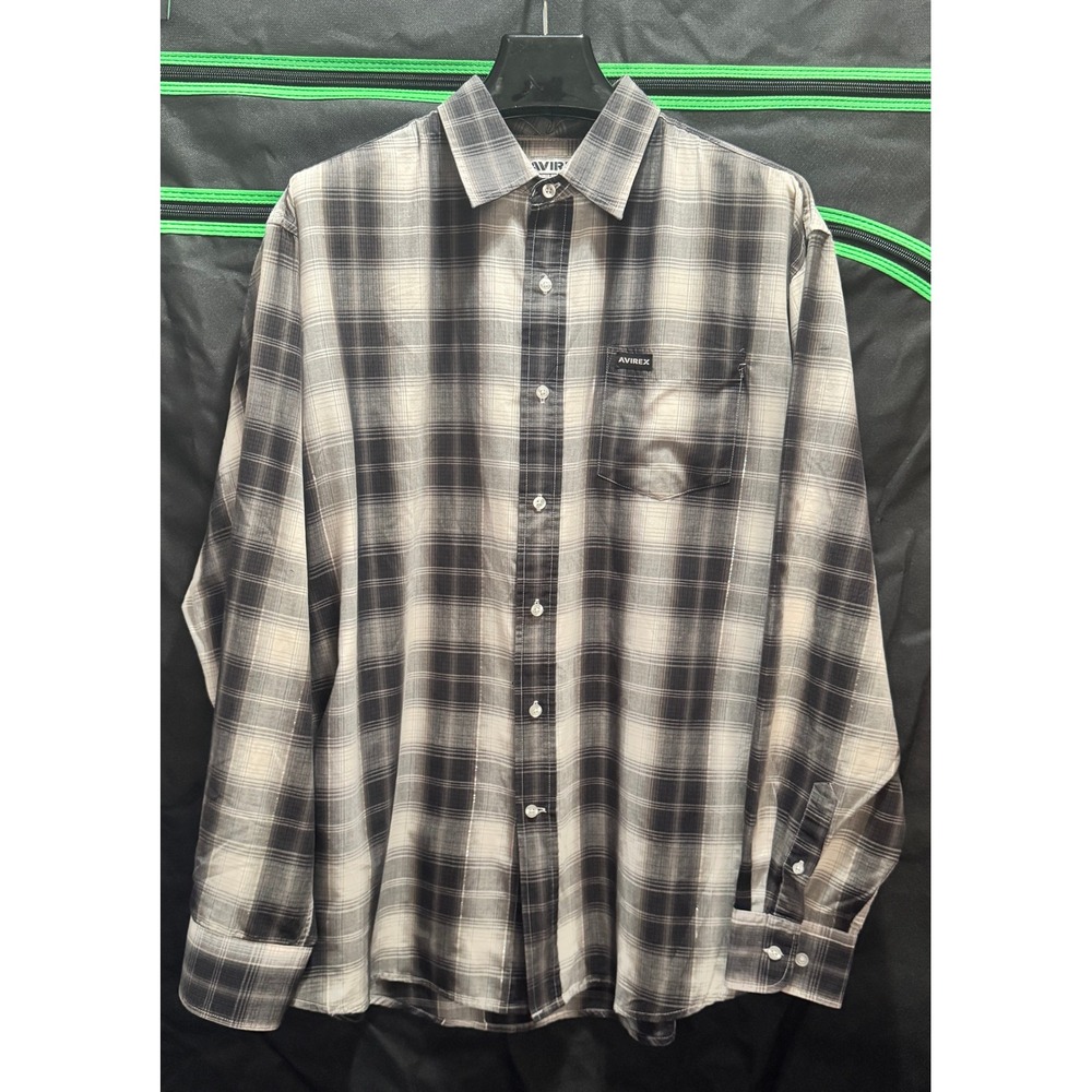 Avirex Mens XXL Plaid Button Down Shirt Long Sleeve Black Grey White Streetwear